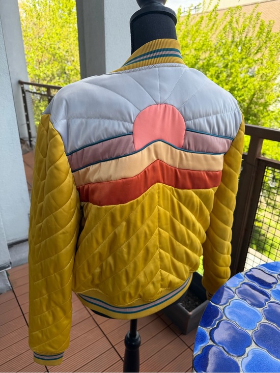 Free People Jackets & Blazers - Free People Mustard Yellow Quilted Bomber Jacket with Sunset Panel